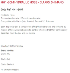 Clark Hydraulic Hose Per Metre, 5mm, Compatible Shimano BH59, Clarks M4 Skeletal, EXO, S2 - Od 5mm Id 2.3mm
